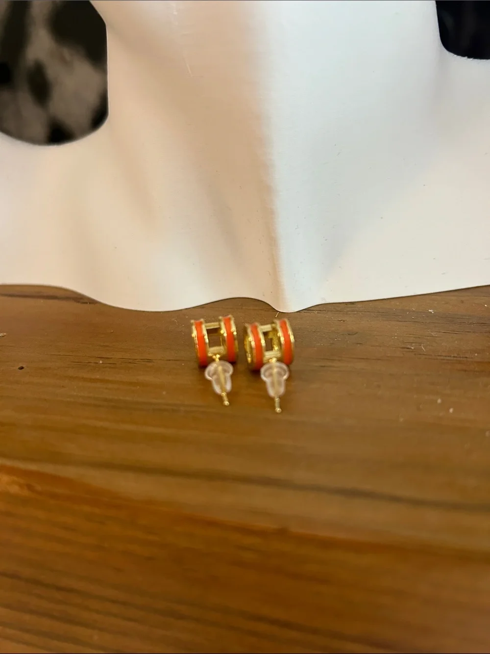 Orange H Stud Earrings Gold Tone Enamel Designer Inspired (NWOT)
